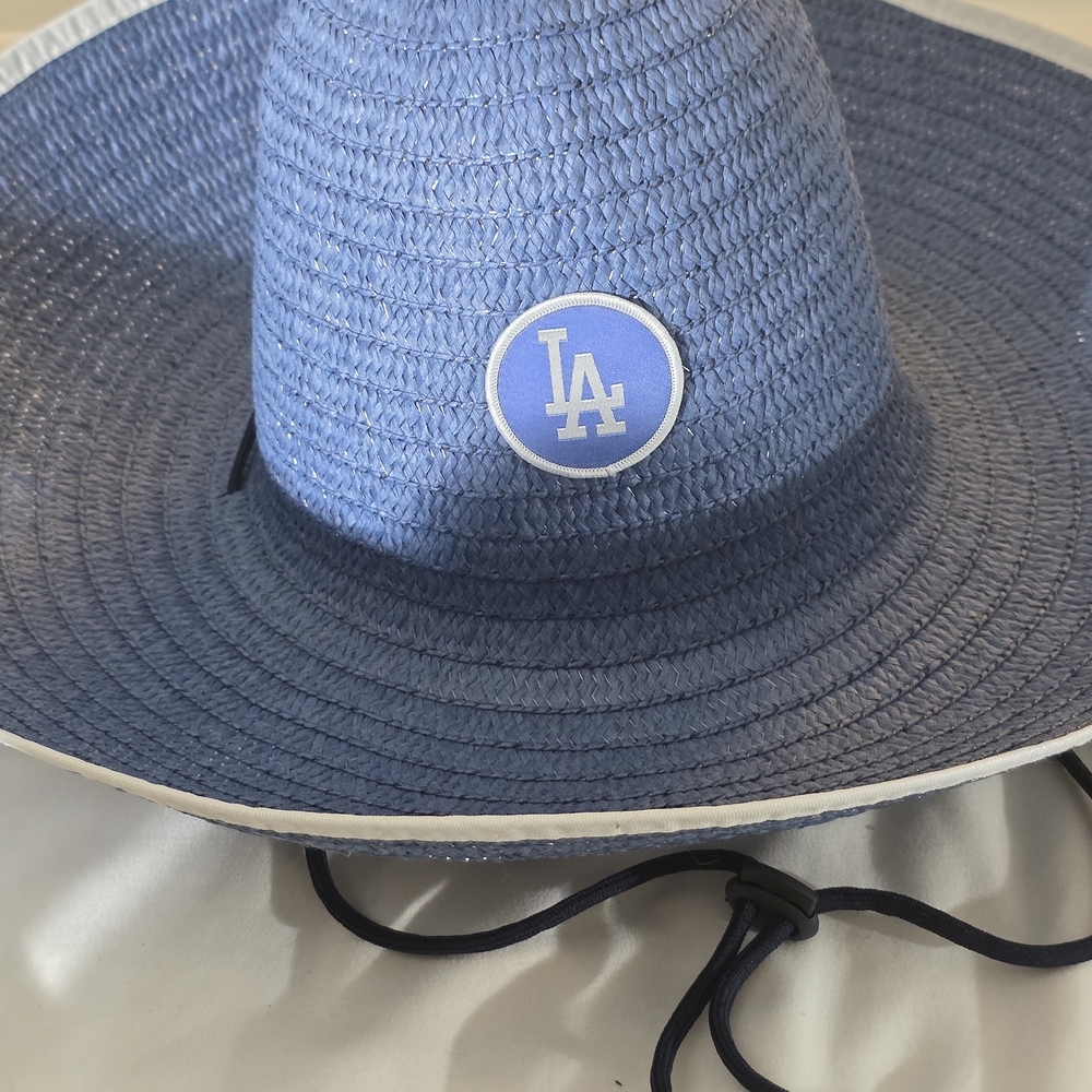 Blue LA Dodgers Straw Hat W Face Drawstring Attached